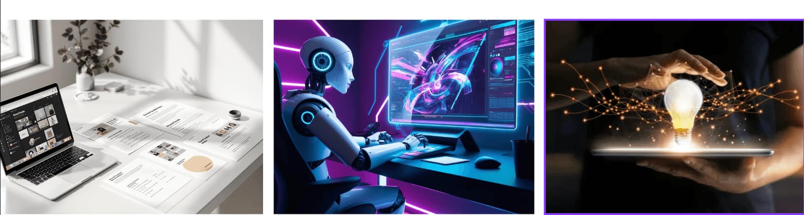 Three images: a laptop with a one-sheet brand guide on a desk; a robot at a futuristic computer; hands holding a tablet with a glowing light bulb hologram.